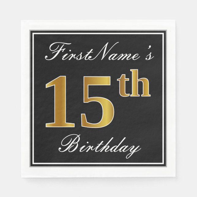 Elegant, Faux Gold 15th Birthday + Custom Name Napkins (Front)