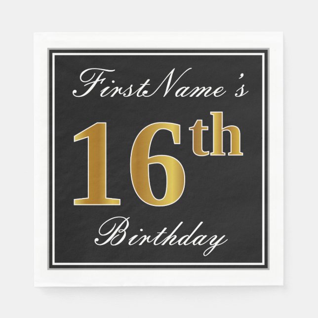 Elegant, Faux Gold 16th Birthday + Custom Name Napkins (Front)