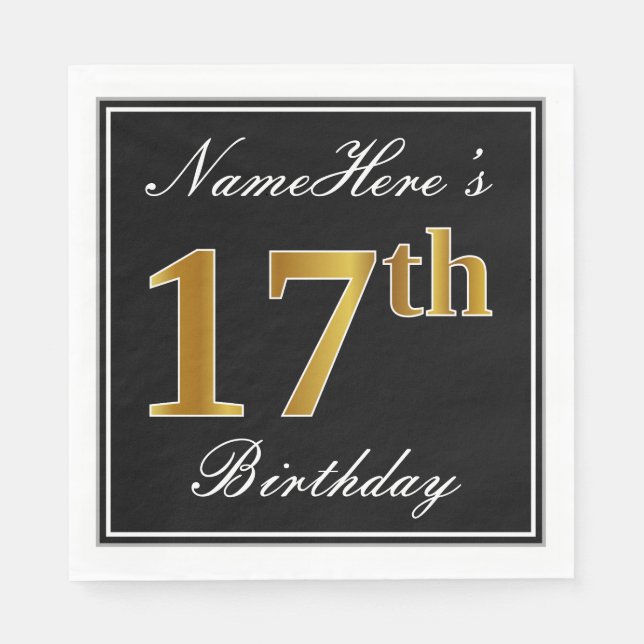 Elegant, Faux Gold 17th Birthday + Custom Name Napkins (Front)