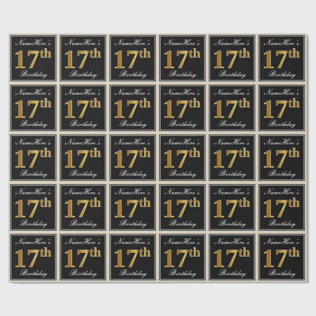 Elegant, Faux Gold 17th Birthday + Custom Name Wrapping Paper (Flat)