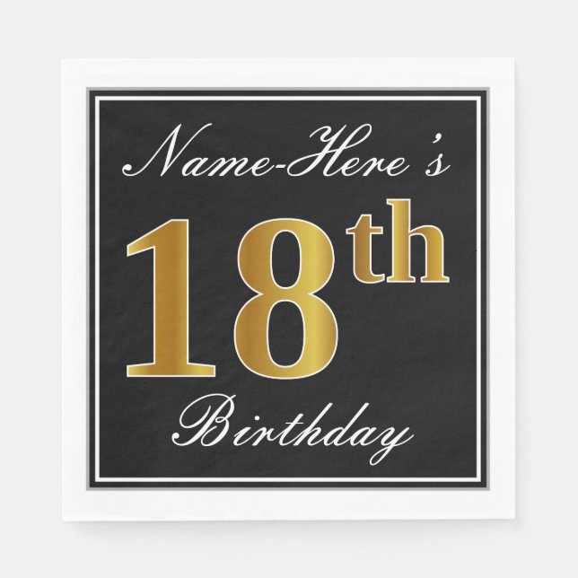 Elegant, Faux Gold 18th Birthday + Custom Name Paper Napkins (Front)