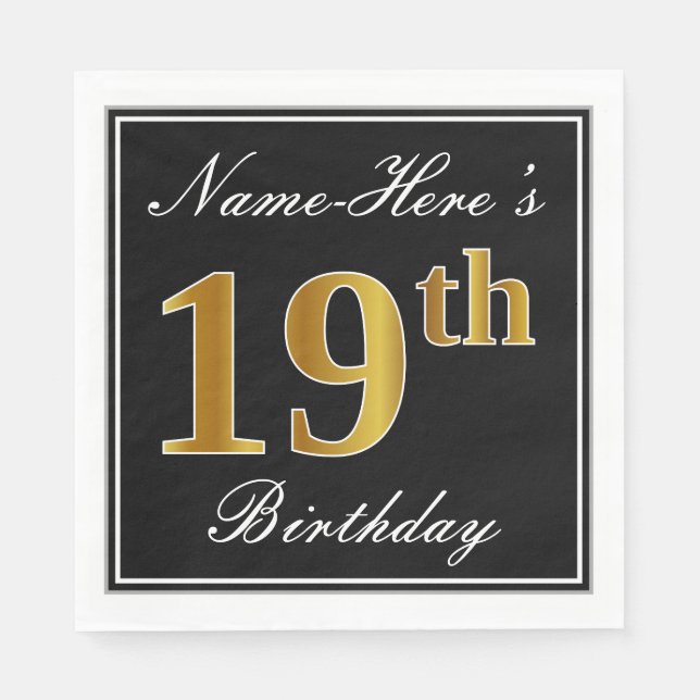 Elegant, Faux Gold 19th Birthday + Custom Name Napkins (Front)