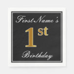[ Thumbnail: Elegant, Faux Gold 1st Birthday + Custom Name Paper Napkin ]