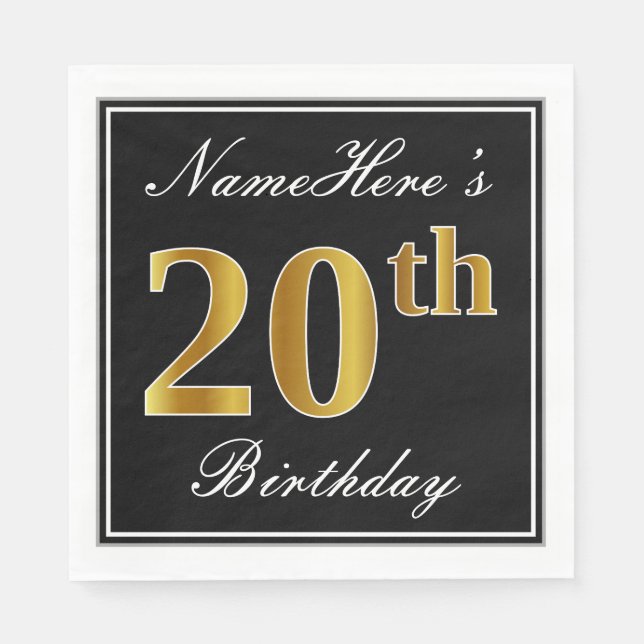 Elegant, Faux Gold 20th Birthday + Custom Name Paper Napkins (Front)