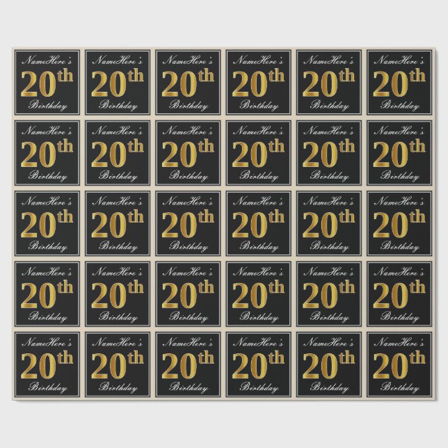 Elegant, Faux Gold 20th Birthday + Custom Name Wrapping Paper (Flat)