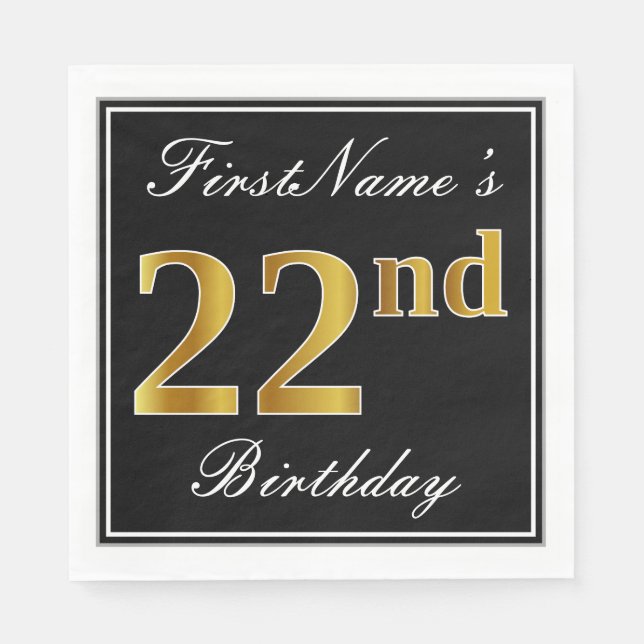 Elegant, Faux Gold 22nd Birthday + Custom Name Napkins (Front)