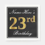 [ Thumbnail: Elegant, Faux Gold 23rd Birthday + Custom Name Napkins ]