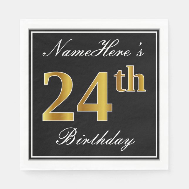 Elegant, Faux Gold 24th Birthday + Custom Name Napkins (Front)
