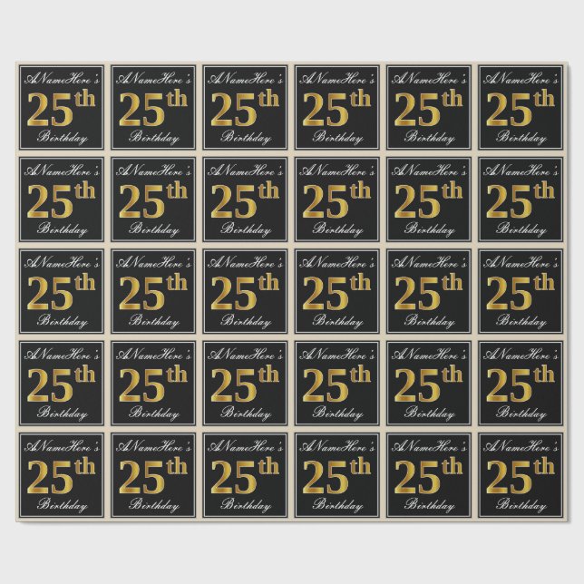Elegant, Faux Gold 25th Birthday + Custom Name Wrapping Paper (Flat)