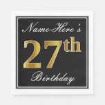 [ Thumbnail: Elegant, Faux Gold 27th Birthday + Custom Name Napkins ]