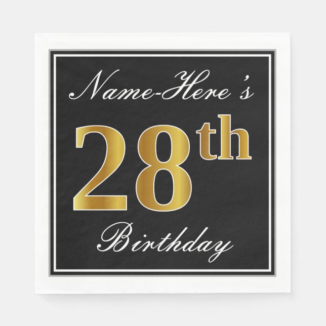 Elegant, Faux Gold 28th Birthday + Custom Name Napkins (Front)