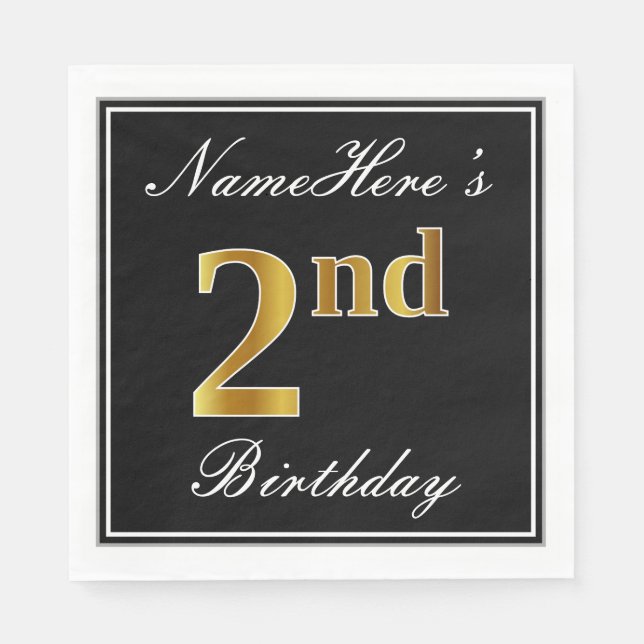 Elegant, Faux Gold 2nd Birthday + Custom Name Paper Napkins (Front)