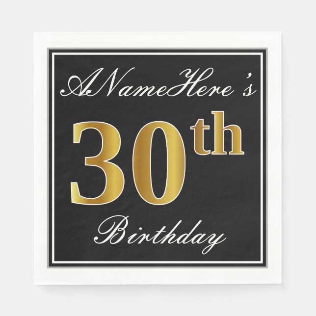Elegant, Faux Gold 30th Birthday + Custom Name Paper Napkins (Front)