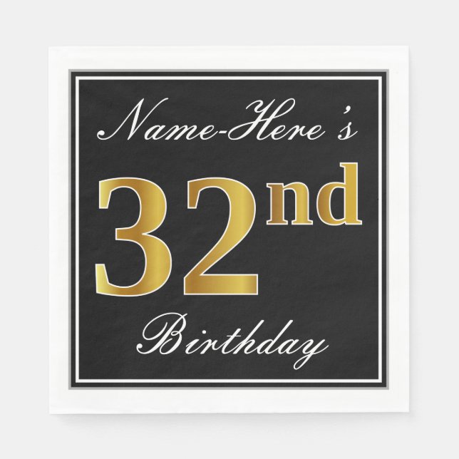 Elegant, Faux Gold 32nd Birthday + Custom Name Napkins (Front)