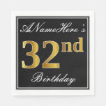 [ Thumbnail: Elegant, Faux Gold 32nd Birthday + Custom Name Napkins ]