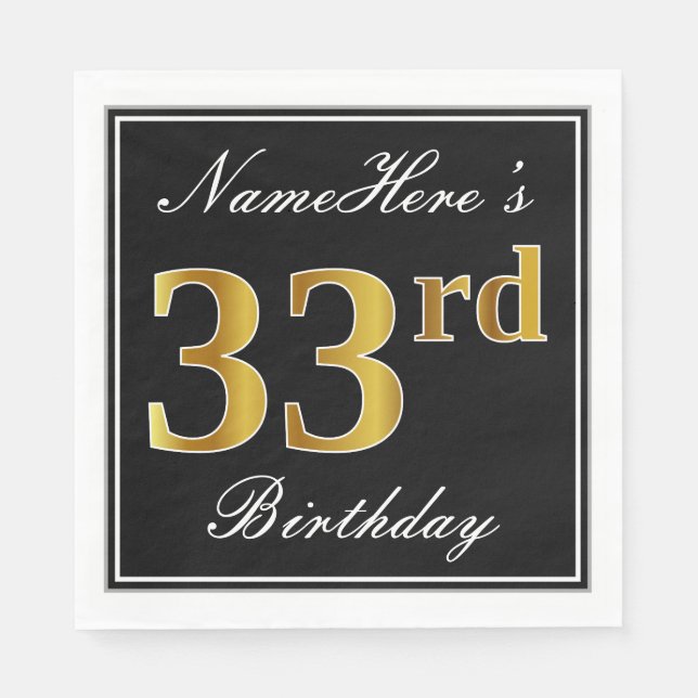Elegant, Faux Gold 33rd Birthday + Custom Name Napkins (Front)