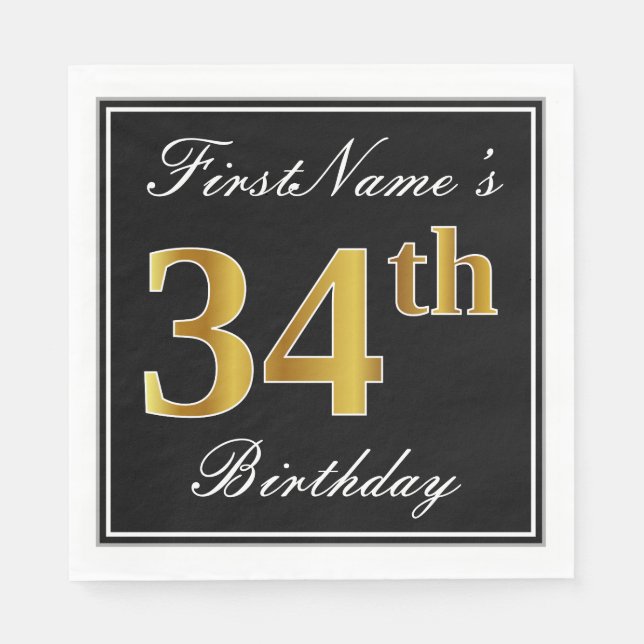 Elegant, Faux Gold 34th Birthday + Custom Name Napkins (Front)