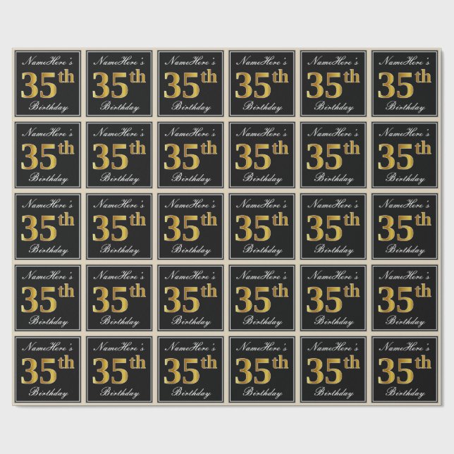 Elegant, Faux Gold 35th Birthday + Custom Name Wrapping Paper (Flat)