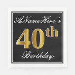 [ Thumbnail: Elegant, Faux Gold 40th Birthday + Custom Name Napkins ]