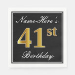 [ Thumbnail: Elegant, Faux Gold 41st Birthday + Custom Name Napkins ]