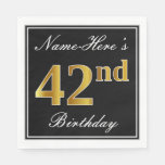 [ Thumbnail: Elegant, Faux Gold 42nd Birthday + Custom Name Napkin ]
