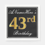 [ Thumbnail: Elegant, Faux Gold 43rd Birthday + Custom Name Napkins ]
