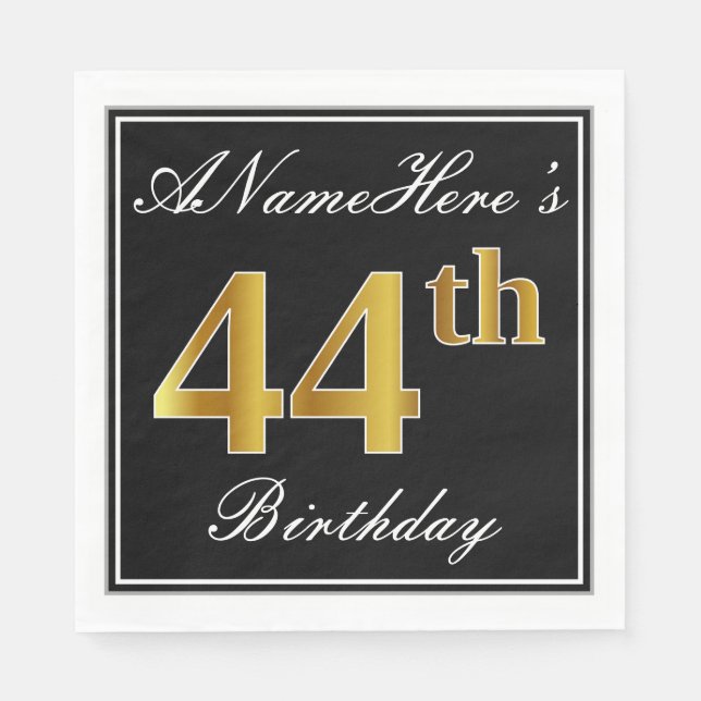 Elegant, Faux Gold 44th Birthday + Custom Name Napkins (Front)
