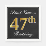 [ Thumbnail: Elegant, Faux Gold 47th Birthday + Custom Name Napkins ]