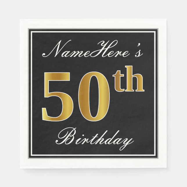 Elegant, Faux Gold 50th Birthday + Custom Name Paper Napkins (Front)