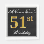 [ Thumbnail: Elegant, Faux Gold 51st Birthday + Custom Name Napkins ]