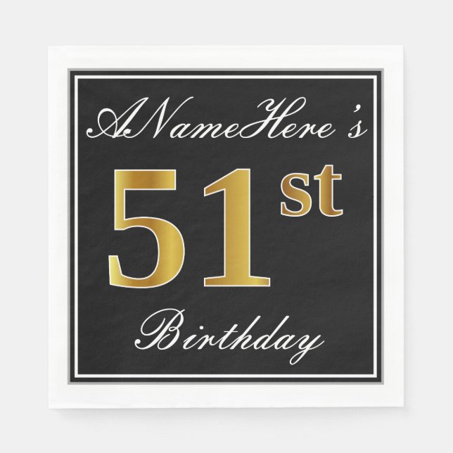 Elegant, Faux Gold 51st Birthday + Custom Name Napkins (Front)