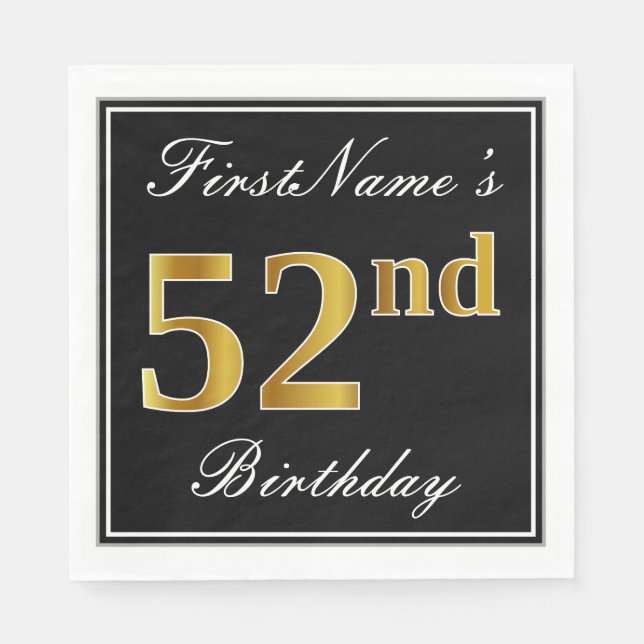Elegant, Faux Gold 52nd Birthday + Custom Name Napkins (Front)