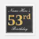 [ Thumbnail: Elegant, Faux Gold 53rd Birthday + Custom Name Napkins ]