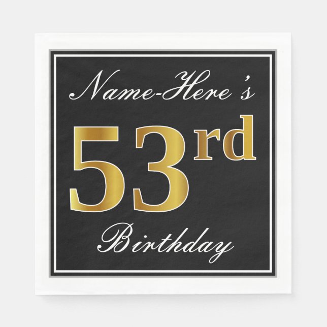 Elegant, Faux Gold 53rd Birthday + Custom Name Napkins (Front)