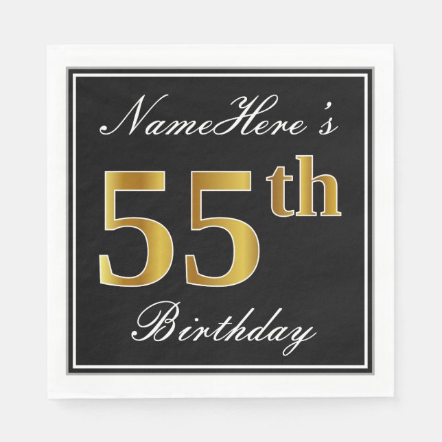 Elegant, Faux Gold 55th Birthday + Custom Name Paper Napkins (Front)