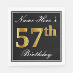[ Thumbnail: Elegant, Faux Gold 57th Birthday + Custom Name Napkins ]
