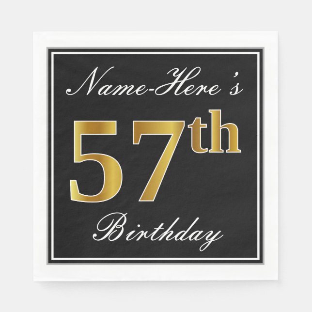 Elegant, Faux Gold 57th Birthday + Custom Name Napkins (Front)