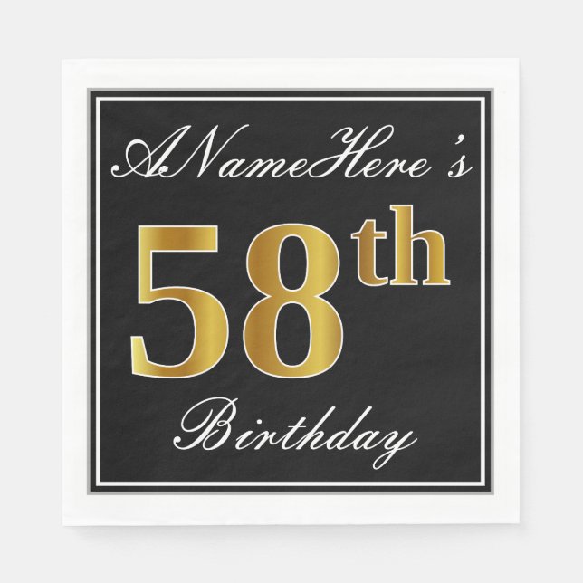 Elegant, Faux Gold 58th Birthday + Custom Name Napkins (Front)