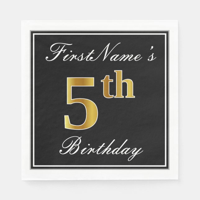 Elegant, Faux Gold 5th Birthday + Custom Name Napkins (Front)