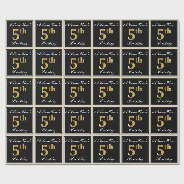 Elegant, Faux Gold 5th Birthday + Custom Name Wrapping Paper (Flat)