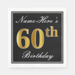 [ Thumbnail: Elegant, Faux Gold 60th Birthday + Custom Name Napkins ]