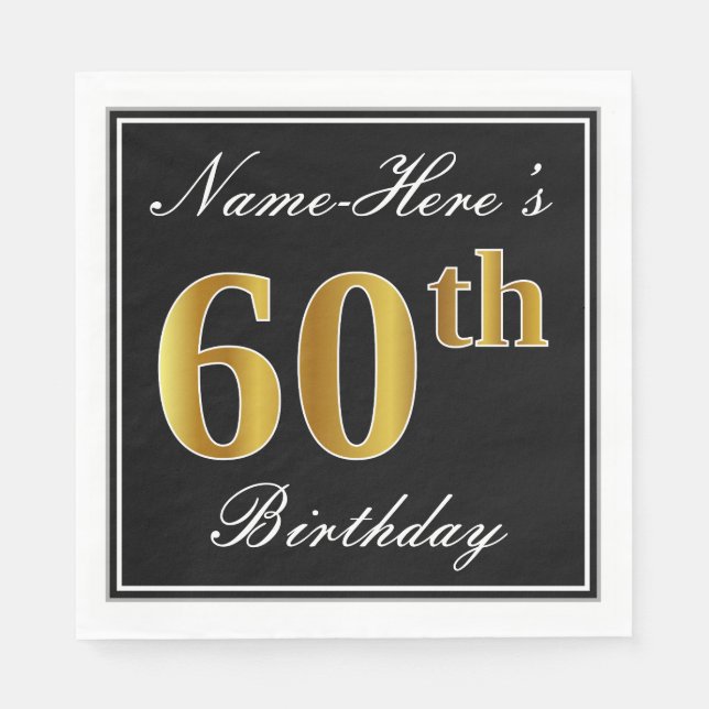 Elegant, Faux Gold 60th Birthday + Custom Name Paper Napkins (Front)