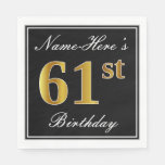 [ Thumbnail: Elegant, Faux Gold 61st Birthday + Custom Name Napkins ]