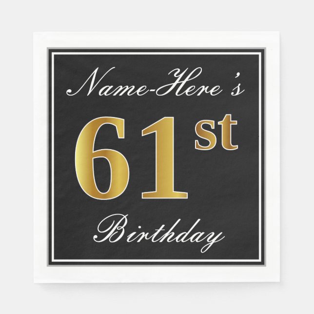 Elegant, Faux Gold 61st Birthday + Custom Name Napkins (Front)