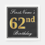 [ Thumbnail: Elegant, Faux Gold 62nd Birthday + Custom Name Napkins ]