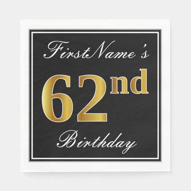 Elegant, Faux Gold 62nd Birthday + Custom Name Napkins (Front)