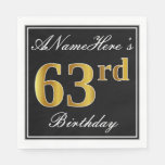 [ Thumbnail: Elegant, Faux Gold 63rd Birthday + Custom Name Napkins ]