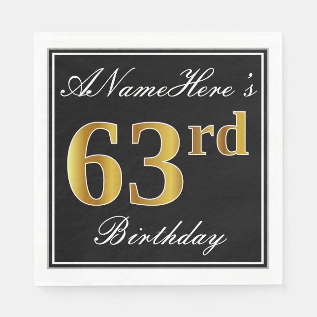 Elegant, Faux Gold 63rd Birthday + Custom Name Napkins (Front)
