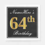 [ Thumbnail: Elegant, Faux Gold 64th Birthday + Custom Name Napkins ]
