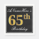 [ Thumbnail: Elegant, Faux Gold 65th Birthday + Custom Name Napkins ]